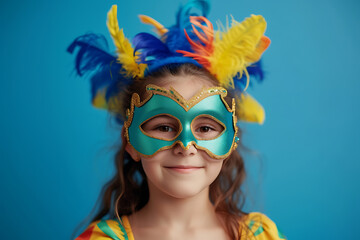 young girl celebrating carnival isolated on blue background