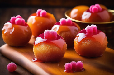 Delicious Gulab jamun doughnuts with condensed milk, poured with pink sugar syrup