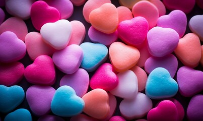 Fototapeta premium Colorful heart-shaped candies on a dark background. Toned.