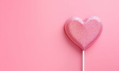 Pink heart shaped lollipop on pink background. Top view with copy space