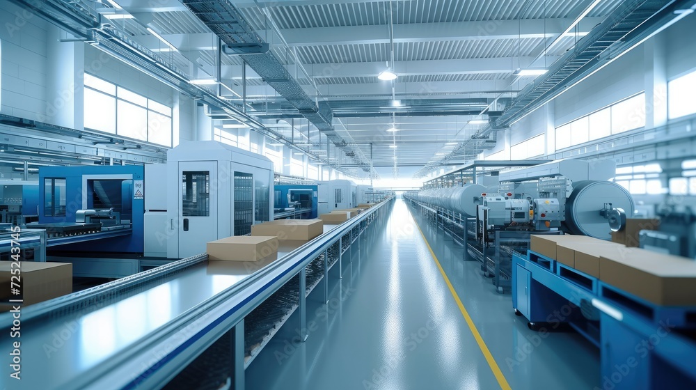Poster modern factory with packaging equipment and packaging materials. in a style of professional, efficie