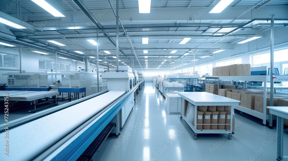 Poster modern factory with packaging equipment and packaging materials. in a style of professional, efficie