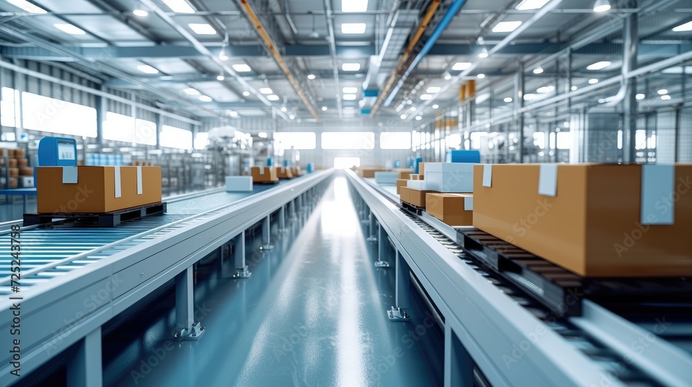 Poster modern factory with packaging equipment and packaging materials. in a style of professional, efficie