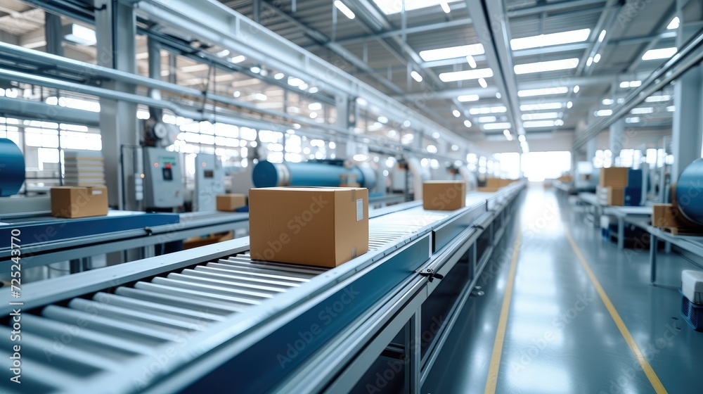 Poster modern factory with packaging equipment and packaging materials. in a style of professional, efficie