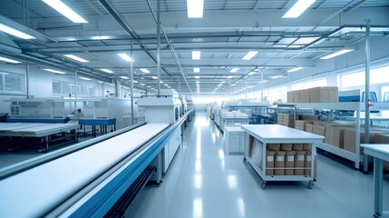 Obraz premium Modern factory with packaging equipment and packaging materials. in a style of professional, efficient. Generative AI.