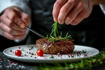 close-up of a chef's hands decorating a beef steak in a restaurant