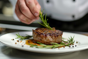 close-up of a chef's hands decorating a beef steak in a restaurant