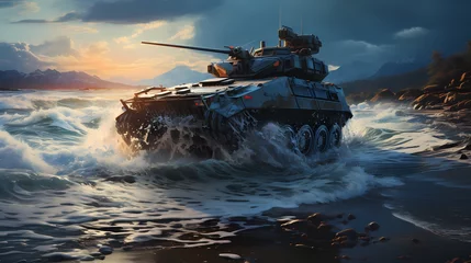 Tuinposter Amphibious assault vehicle emerging from the water onto a beachhead © AI