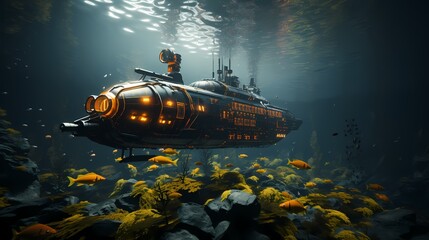 An AI-controlled submarine, patrolling the depths of the ocean, with its sonar systems actively scanning for enemy vessels in a tense underwater standoff - obrazy, fototapety, plakaty
