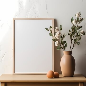 vertical white Wooden Picture Frame Leaning On A White Background with plant decoration 