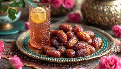 Fototapeta premium A plate of dates and a glass of water on a table. The plate of dates is surrounded 