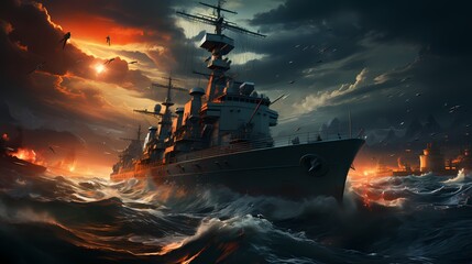 An AI-powered naval fleet, consisting of autonomous warships, sails through stormy seas, ready to respond to any threat with unparalleled coordination - obrazy, fototapety, plakaty