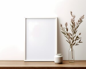  picture frame Mockup with wood Shelf resting on a White wall Background 