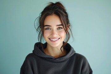 Portrait of a beautiful fictional woman smiling. Brunette model wearing an oversized charcoal grey sweatshirt. Isolated on a plain colored background. - obrazy, fototapety, plakaty