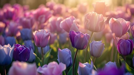 Colorful tulip flowers blooming in a field at sunset.AI.