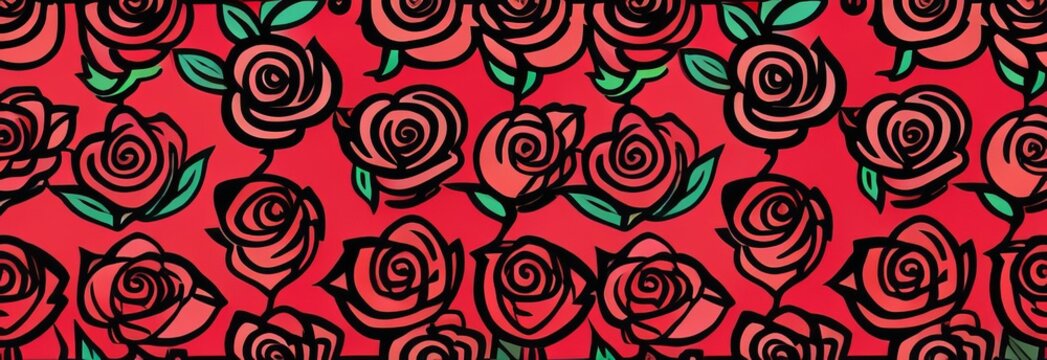 Seamless pattern with red roses. Red roses color set. Black line rose flowers isolated on red background. colored elements illustration for happy Valentines day postcards