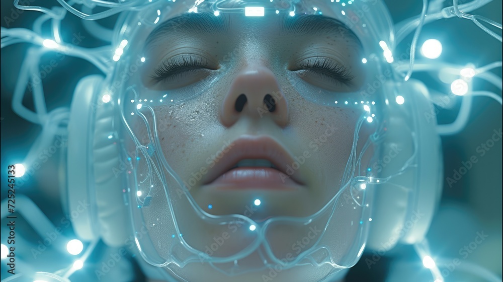 Poster human with a brain chip on the headset, telepathy, in the style of futuristic themes, light white an