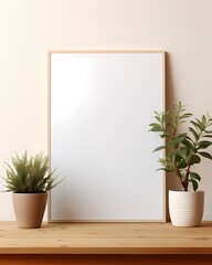 vertical warm color Wooden Picture Frame Leaning On A White Background with minimalist interior design