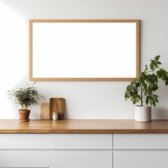 empty warm color wooden frame mockup on simple and minimal wall home interior design background