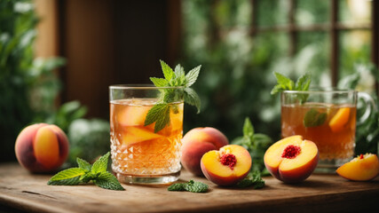 Summer cold tea with peaches and mint. Generative AI.
