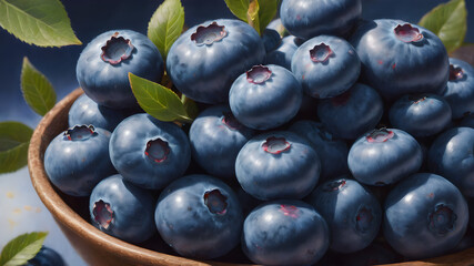 Organic blueberries in a wood bowl close up