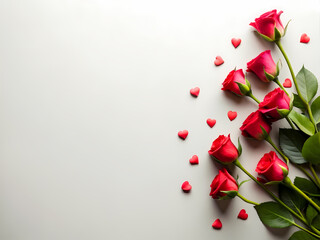 red rose bouquet and red hearts on the right side illustration on a white  background