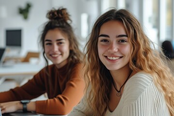 Two attractive young woman colleagues at their desk in an office. Generative AI.