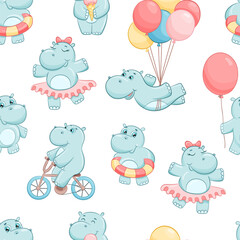 Seamless simple pattern with cute hippo with swimming circle and balloon. Cartoon hippopotamus isolated on white background. Cute baby character