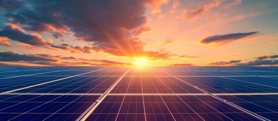 Rows of solar cells in a power plant absorb sunlight from the sky to generate renewable energy.