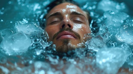 Fototapeta na wymiar Man relaxing in a tub filled with ice cubes, a Rejuvenating Ice Bath in a Spa, Surrounded by Ice Cubes. Cold water therapy with floating ice cubes. Cold plunge