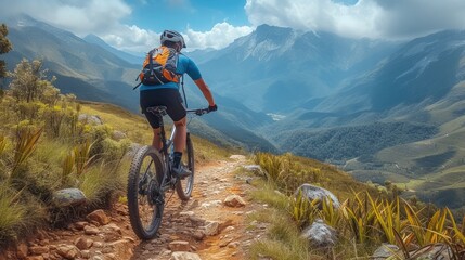 Fototapeta premium Mountain biker riding on a rugged trail in the high mountains. Generative AI.