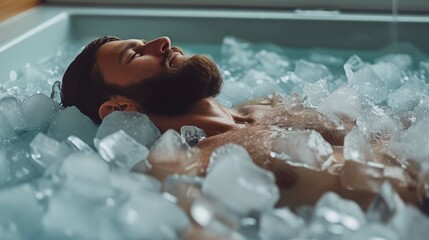 Man relaxing in a tub filled with ice cubes, a Rejuvenating Ice Bath in a Spa, Surrounded by Ice Cubes. Cold water therapy with floating ice cubes. Cold plunge