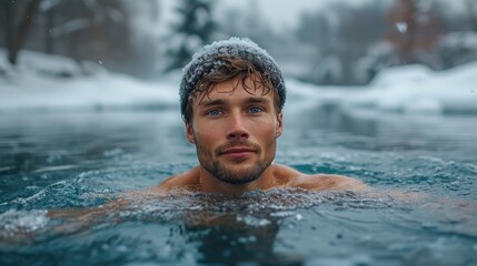  A Revolutionary Cold Plunge Ice Bath. Cold Water Therapy. Man taking ice bath outdoor  cold water of a frozen and snowy lake. 