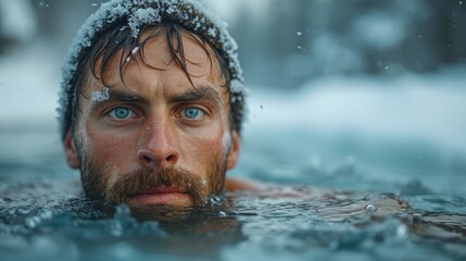  A Revolutionary Cold Plunge Ice Bath. Cold Water Therapy. Male taking ice bath outdoor  cold water of a frozen and snowy lake. 