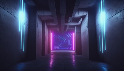 Alien Grunge Futuristic Cyber Sci Fi Modern Concrete Warehouse Corridor Tunnel Studio Stage Underground Hangar Blue Purple Vibrant Lasers Neon Lights 3D Rendering