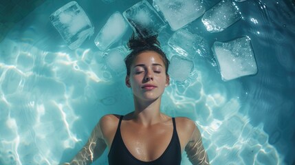 Peaceful young woman in ice therapy at a spa. Cold water therapy in ice bath. Cold plunges - benefits for physical and mental health