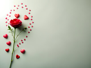 red rose and delicate red hearts left side border illustration on a white background