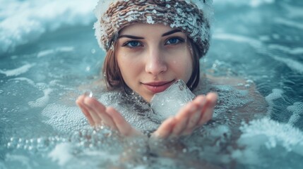 Concept of a cold water therapy. A Revolutionary Cold Plunge Ice Bath. People taking ice bath outdoor in a frozen and snowy lake