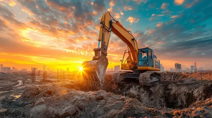 Fotobehang Excavetror working at construction site with underconstruction site background during sunset time, generative ai © Suralai