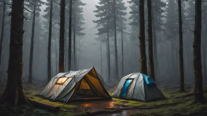 Camping tents on a foggy forest 