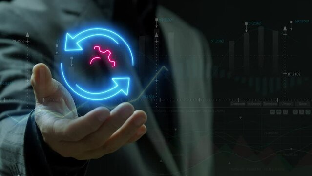 Businessman showing motion graphic animation of neon arrow is turning around neon gear factor. Dynamic, running, working, team work and success for business concept.