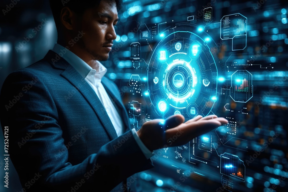 Poster intelligence and automated machine learning language blue digital user interface with businessman ha