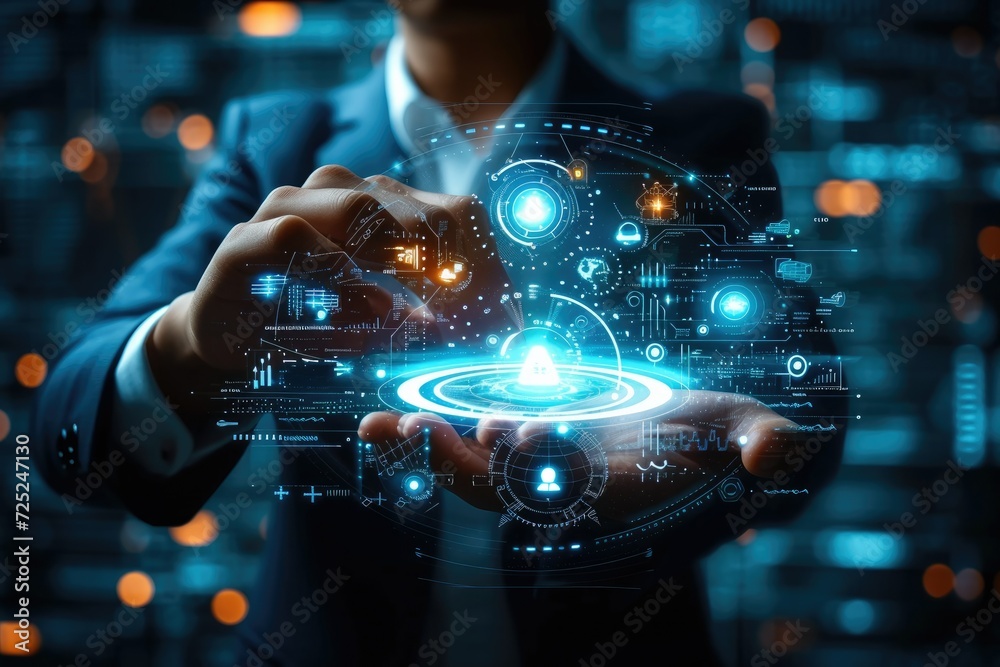 Poster Intelligence and Automated machine learning language blue digital user interface with businessman hand background. Cybersecurity computer vision metaverse twin drive business. Generative AI.