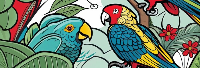 illustration of parrots. parrots close up. parrots on a jungle background