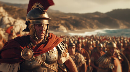 A muscular Roman Centurion stands in front of a vast Roman army on the beach, preparing for battle.