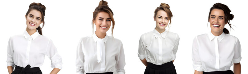 Smiling woman wearing a white shirt isolated on a transparent PNG background, white background , Generative Ai