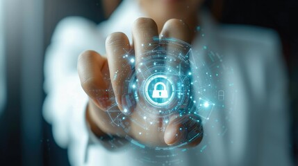 Security guard showing safety system, icon, hand, key, hologram white background. Generative AI.