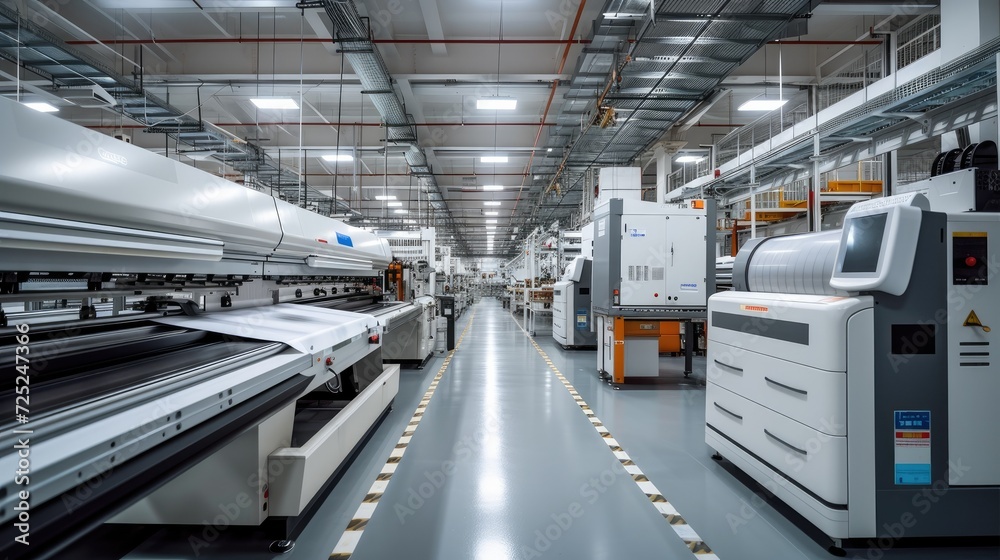 Poster the production floor of a big digital printing company with large print machines printing packaging 