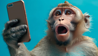 monkey taking a selfie with his mobile phone, generative ai. - obrazy, fototapety, plakaty