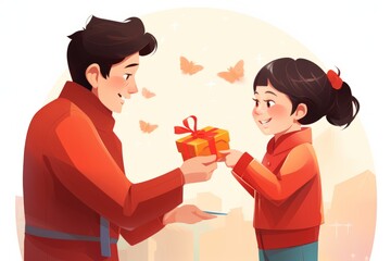 illustration of a father giving his child a present / gift